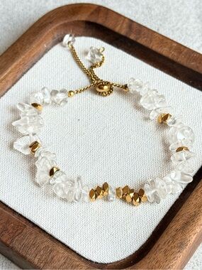 Clear Crystal Chip Bracelet with Gold Accents Adjustable Length
